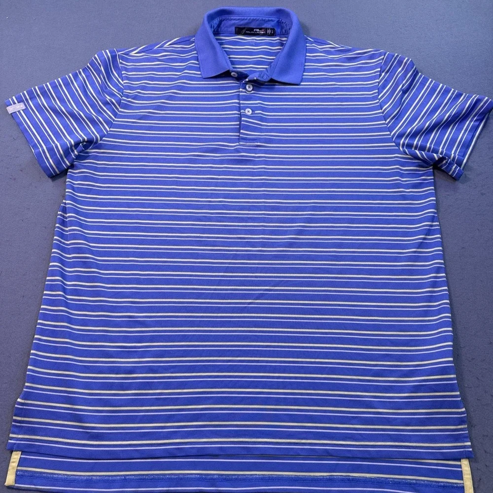 RLX Ralph Lauren Polo Golf Shirt MENS LARGE PERFORMANCE BLUE YELLOW  Stripe